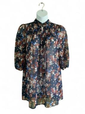 Fairy Boho Sheer Red Camel Navy Floral Smocked Yoke Shirt Dress size M